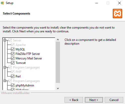 XAMPP component selection screen during installation